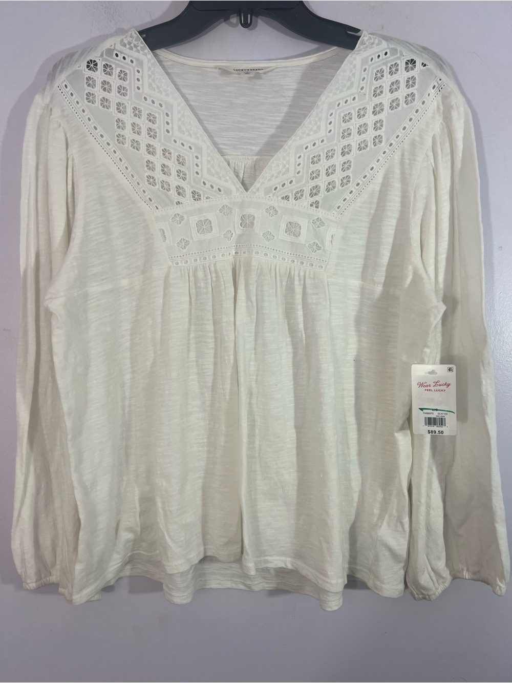 Lucky Brand NWT Embroidered Boho Peasant Top Large white Long Sleeve, cotton
